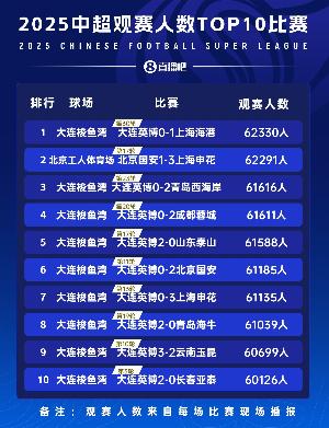 數據看中超|2025中超觀(guān)賽人數10大比賽，大連英博獨占9席遙遙領(lǐng)跑
