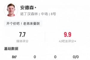 閃耀安菲爾德！安德森數據：3次關(guān)鍵傳球，長(cháng)傳成功率57.1%