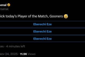 阿森納官方全場(chǎng)最佳投票，選項：埃澤、埃澤、埃澤